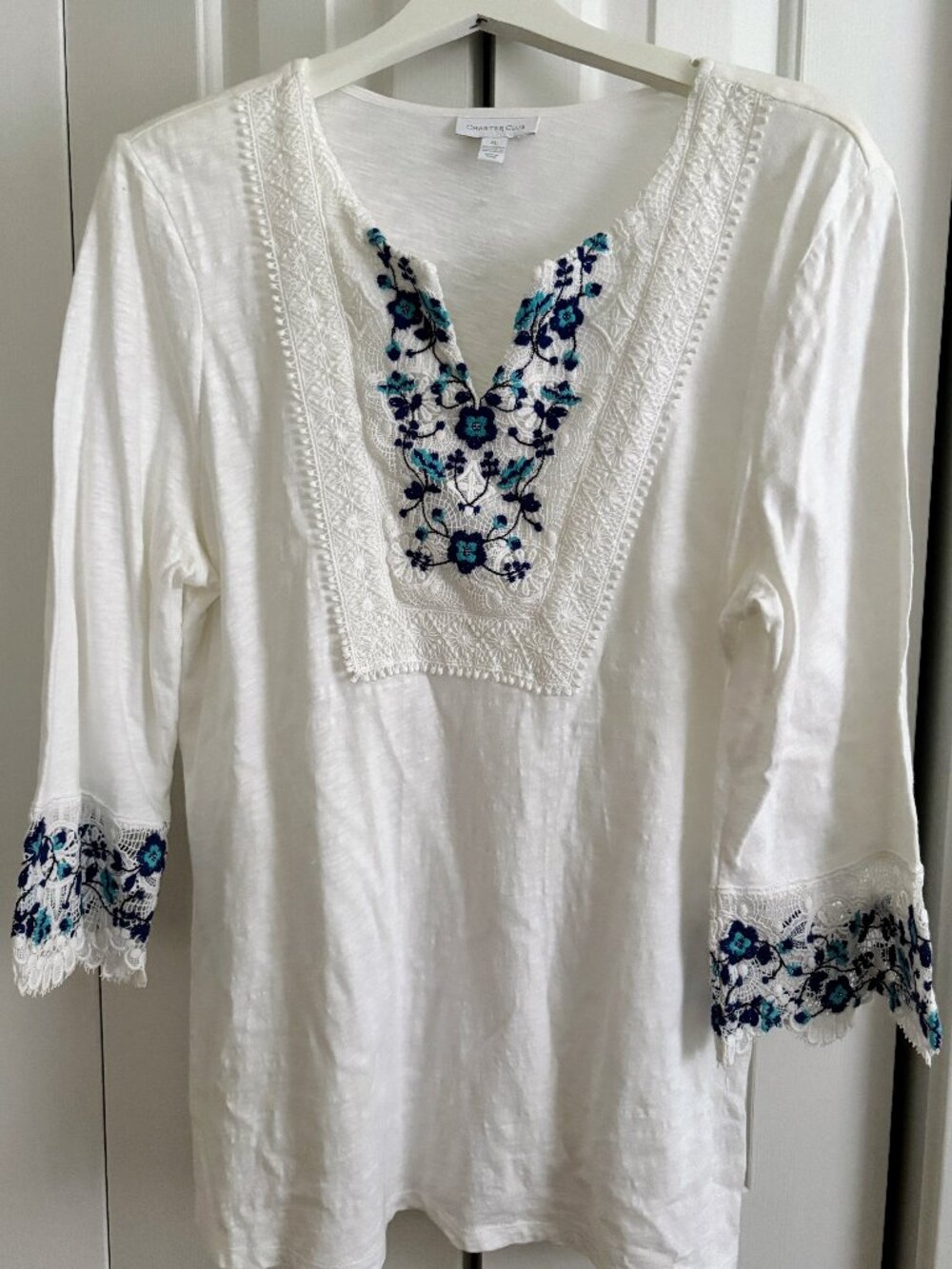 100% Cotton Charter Club Embroidered Women's Tunic, White and Blue, Summer Vibes